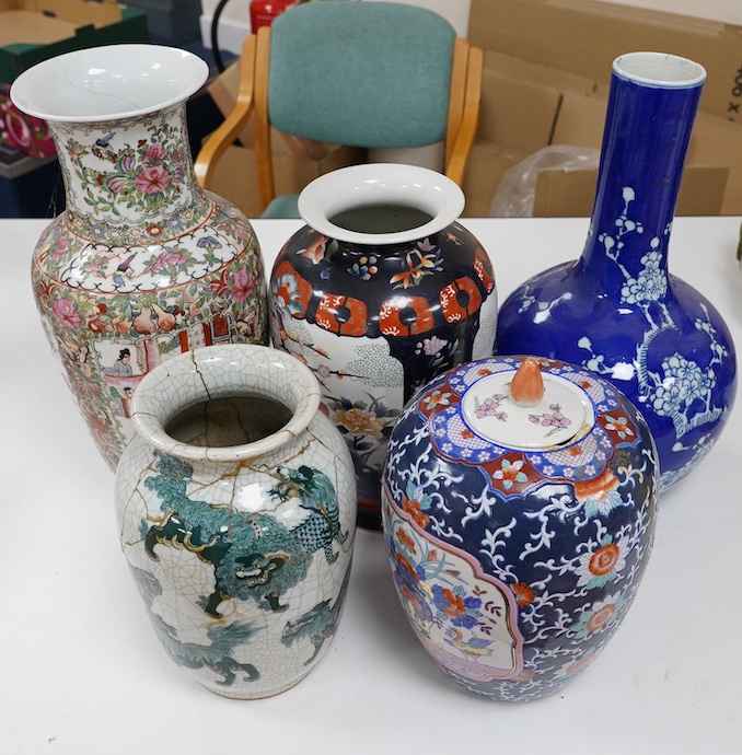 Two Japanese Imari vases and three various Chinese vases, largest 46cm. Condition - poor